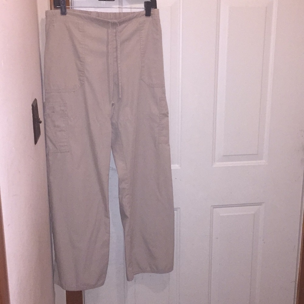 Khaki colored scrub pants